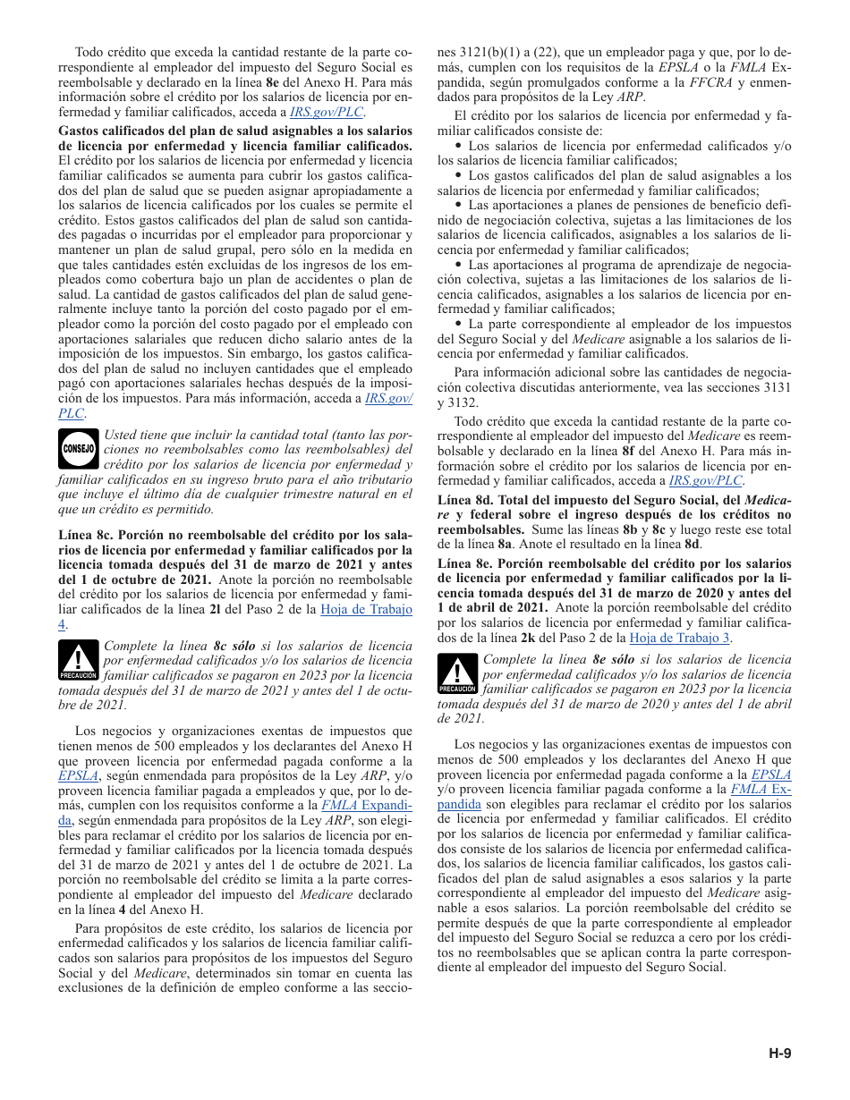 Instrucciones para IRS Formulario 1040 (SP) X Anexo H Impuestos Sobre El Empleo De Empleados Domesticos (Spanish), Page 9