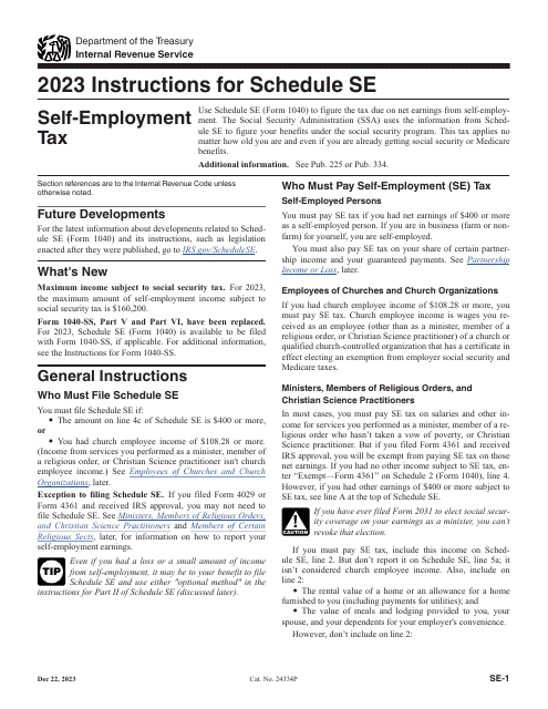 Instructions for IRS Form 1040 Schedule SE Self-employment Tax, 2023
