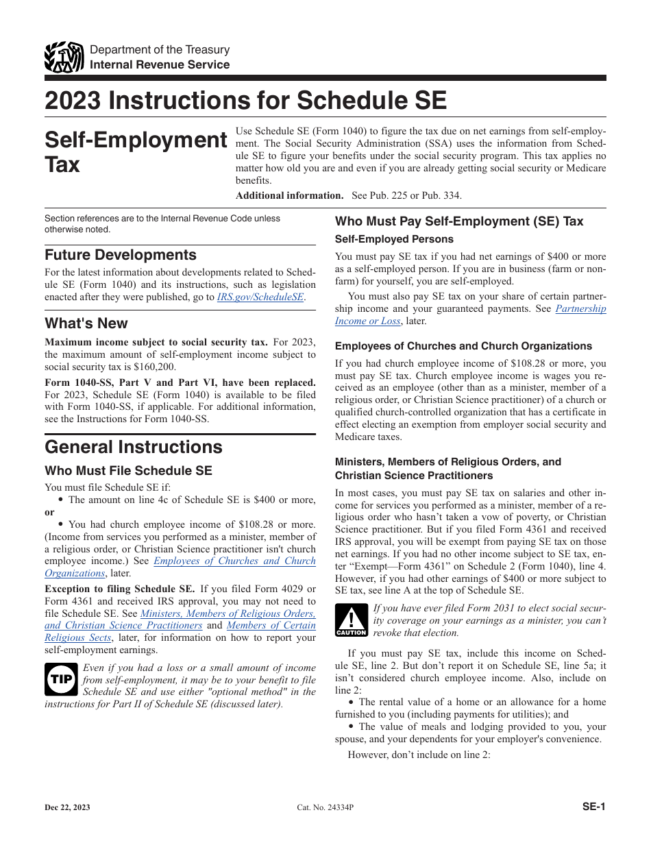 Instructions for IRS Form 1040 Schedule SE Self-employment Tax, Page 1