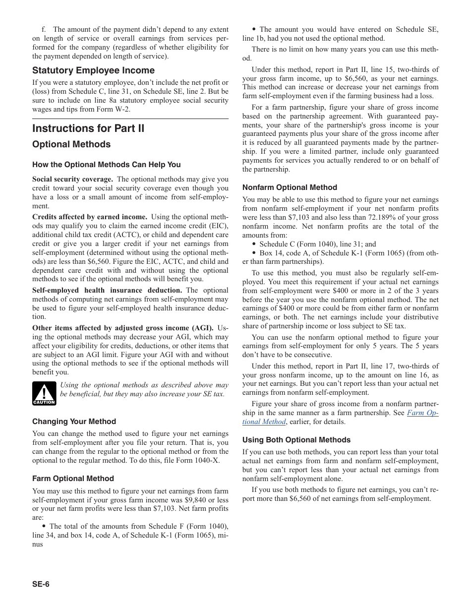 Instructions for IRS Form 1040 Schedule SE Self-employment Tax, Page 6