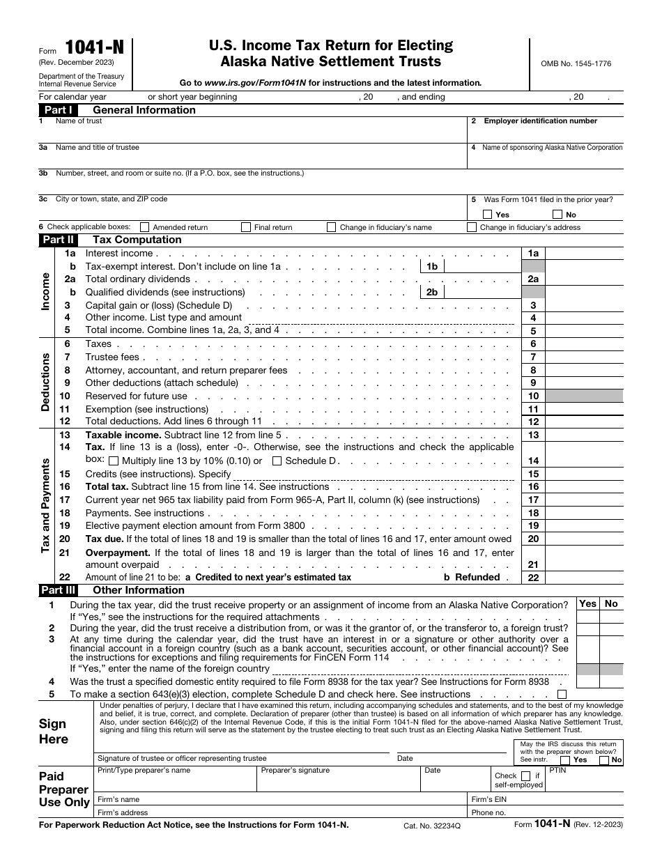 IRS Form 1041-N U.S. Income Tax Return for Electing Alaska Native Settlement Trusts, Page 1