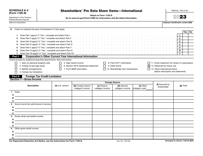 IRS Form 1120-S Schedule K-2 Shareholders' Pro Rata Share Items - International, 2023