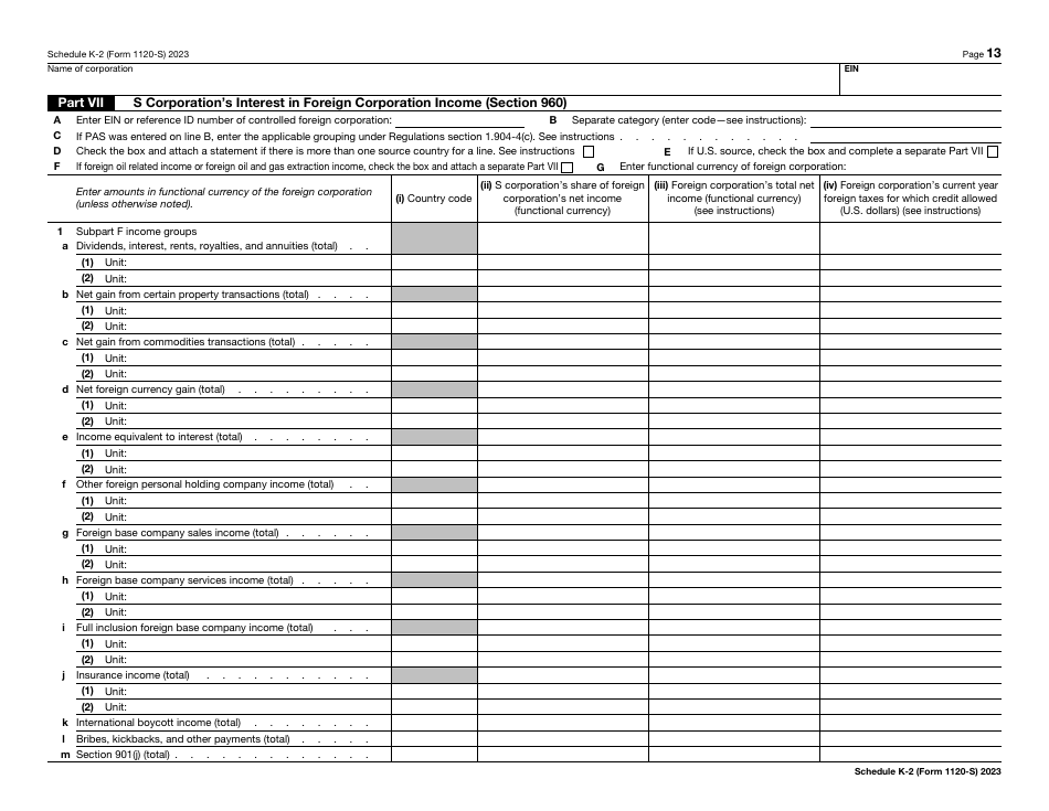 IRS Form 1120-S Schedule K-2 Shareholders Pro Rata Share Items - International, Page 13