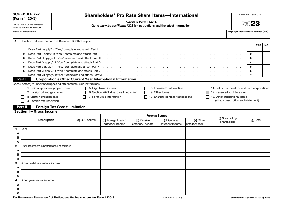 IRS Form 1120-S Schedule K-2 Shareholders Pro Rata Share Items - International, Page 1