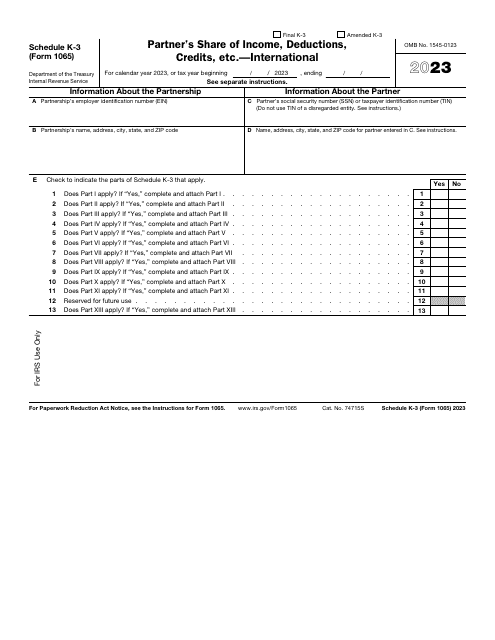 IRS Form 1065 Schedule K-3 Partner's Share of Income, Deductions, Credits, Etc. - International, 2023