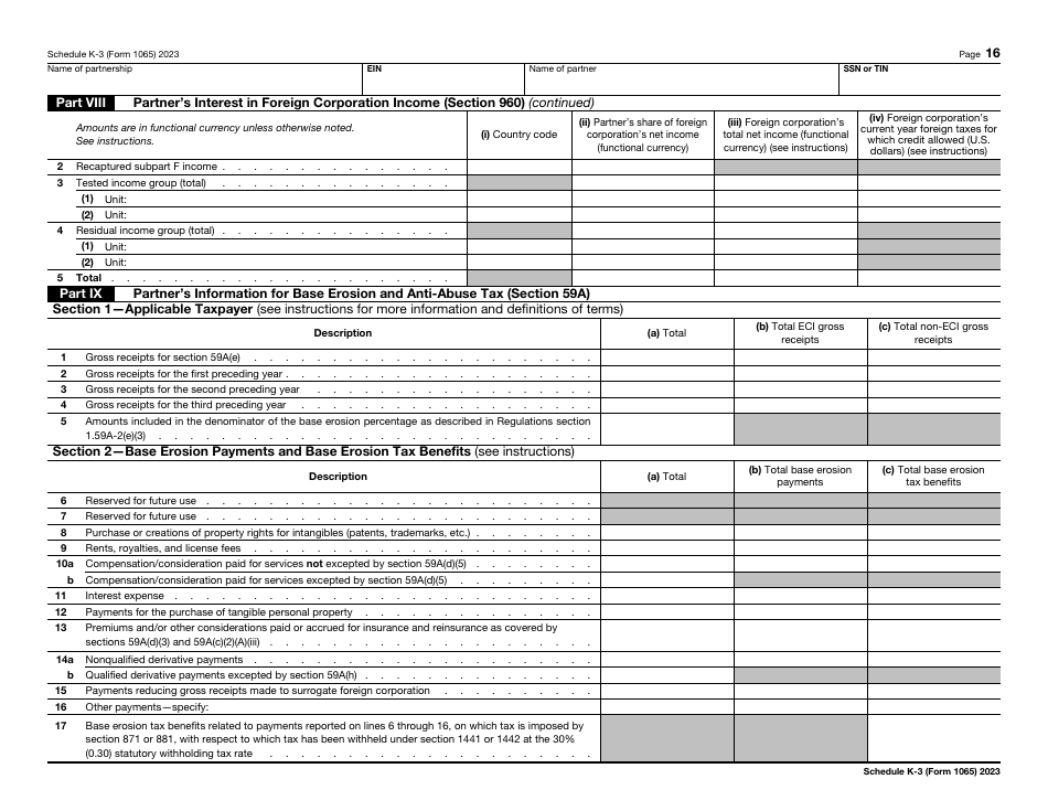 IRS Form 1065 Schedule K-3 Partners Share of Income, Deductions, Credits, Etc. - International, Page 16