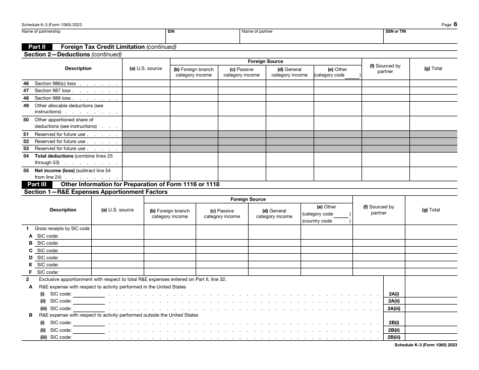 IRS Form 1065 Schedule K-3 Partners Share of Income, Deductions, Credits, Etc. - International, Page 6