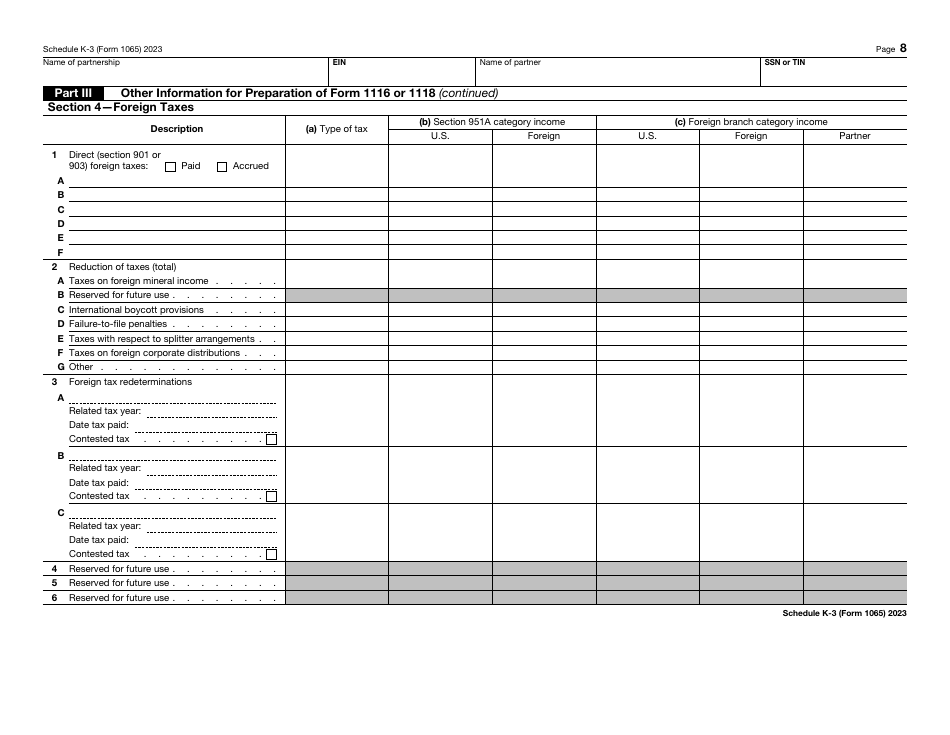 IRS Form 1065 Schedule K-3 Partners Share of Income, Deductions, Credits, Etc. - International, Page 8