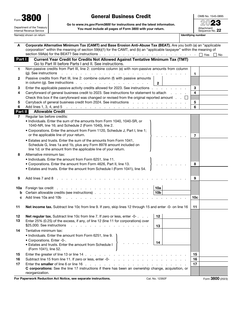 IRS Form 3800 General Business Credit, Page 1