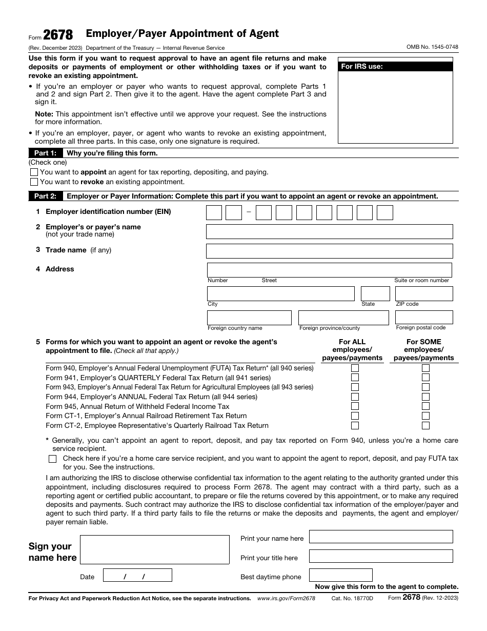 IRS Form 2678 Employer / Payer Appointment of Agent, Page 1
