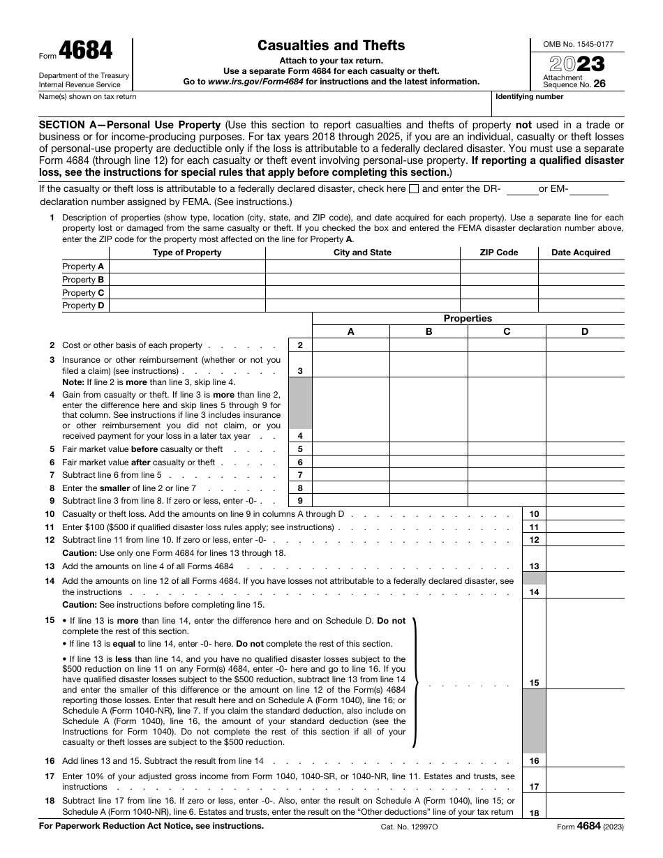 IRS Form 4684 Download Fillable PDF or Fill Online Casualties and ...