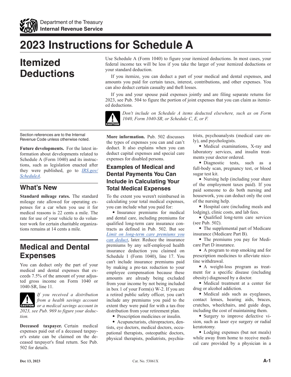 Instructions for IRS Form 1040 Schedule A Itemized Deductions, Page 1