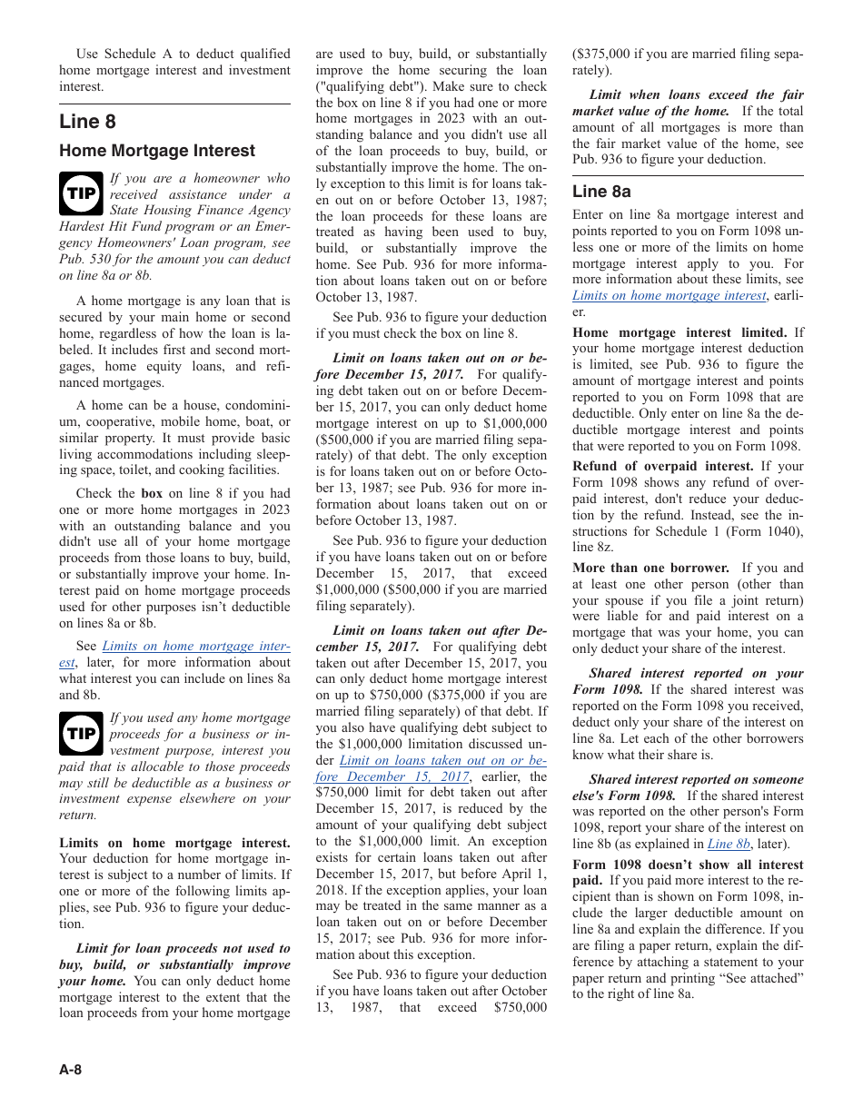 Instructions for IRS Form 1040 Schedule A Itemized Deductions, Page 8