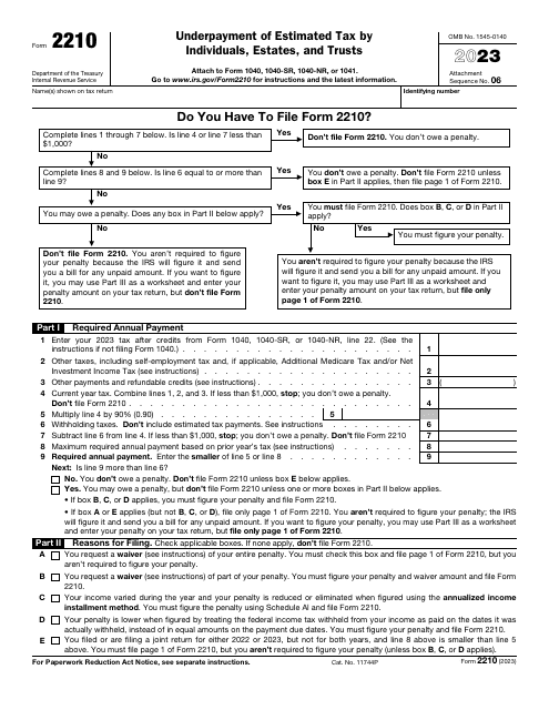 IRS Form 2210 Underpayment of Estimated Tax by Individuals, Estates, and Trusts, 2023