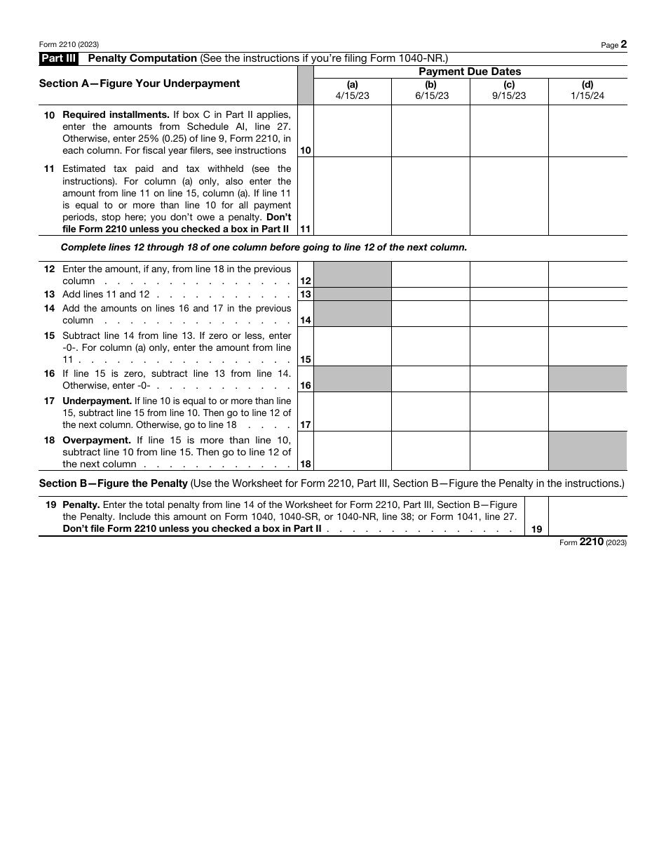 IRS Form 2210 Underpayment of Estimated Tax by Individuals, Estates, and Trusts, Page 2