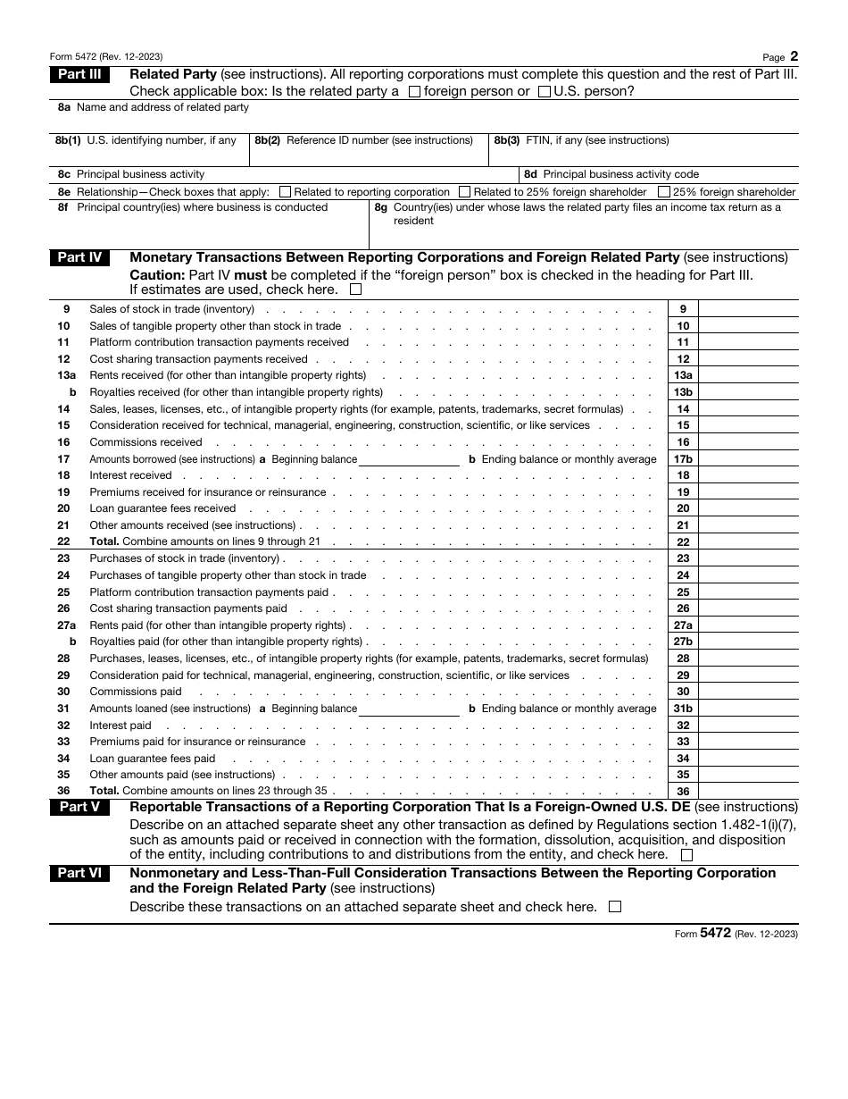 IRS Form 5472 Information Return of a 25% Foreign-Owned U.S. Corporation or a Foreign Corporation Engaged in a U.S. Trade or Business (Under Sections 6038a and 6038c of the Internal Revenue Code), Page 2