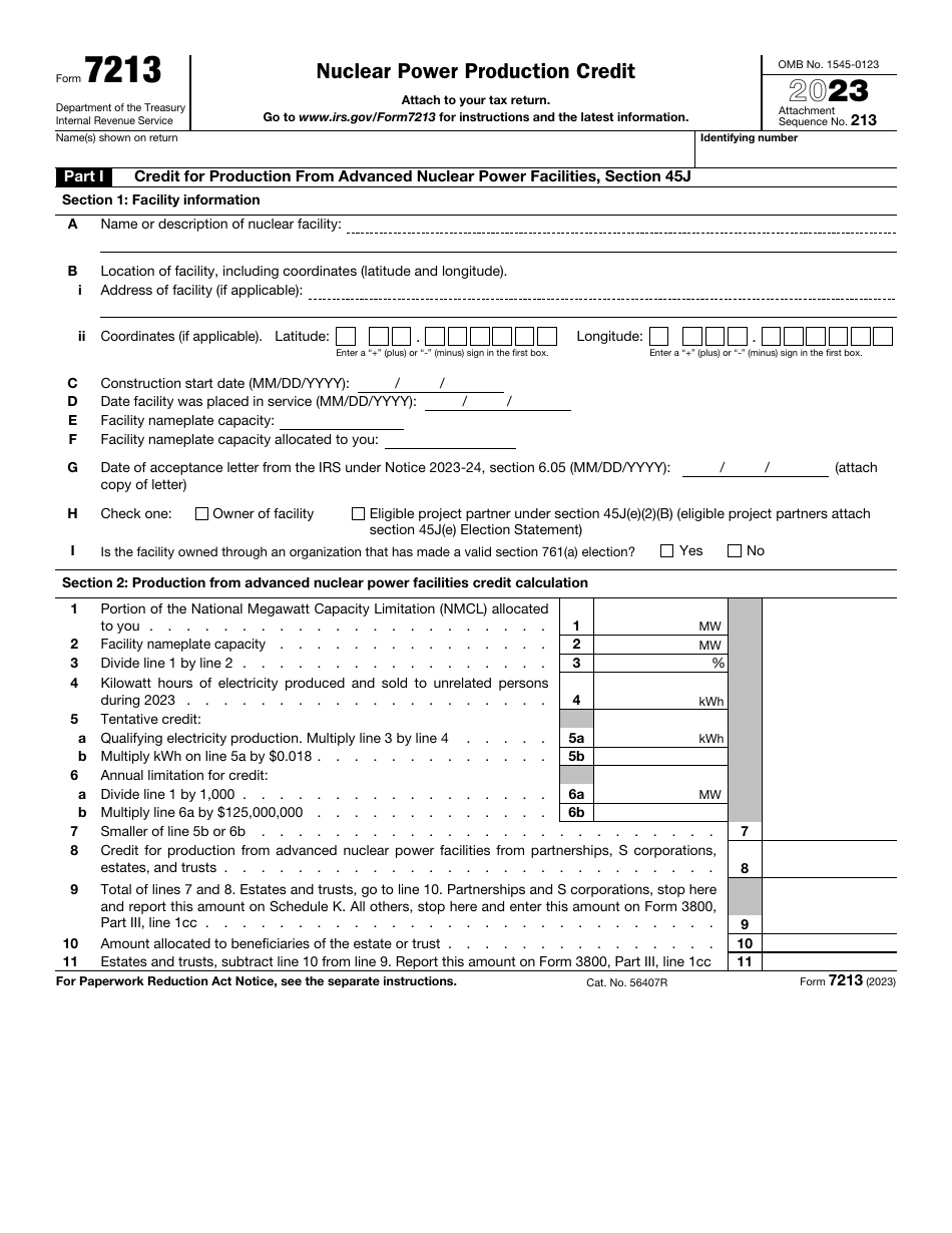 IRS Form 7213 Nuclear Power Production Credit, Page 1