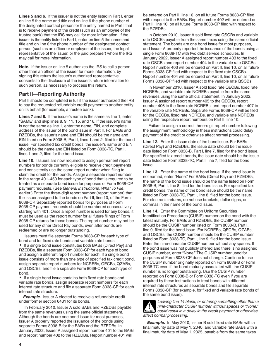 Instructions for IRS Form 8038-CP Schedule A Return for Credit Payments to Issuers of Qualified Bonds, Page 4