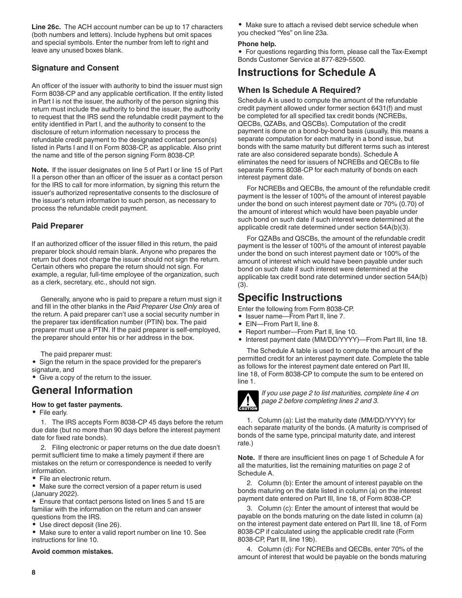 Instructions for IRS Form 8038-CP Schedule A Return for Credit Payments to Issuers of Qualified Bonds, Page 8