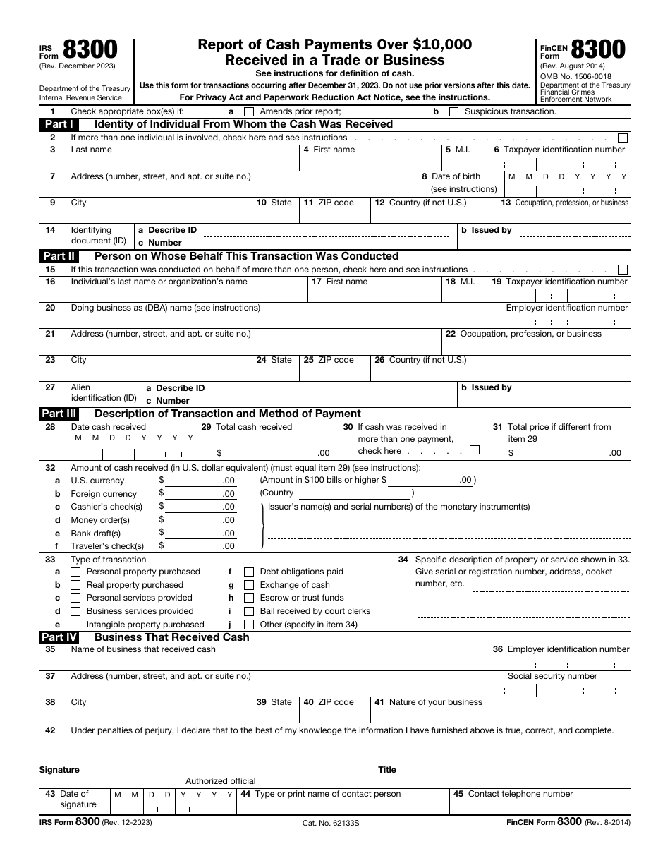 IRS Form 8300 Report of Cash Payments Over $10,000 Received in a Trade or Business, Page 1
