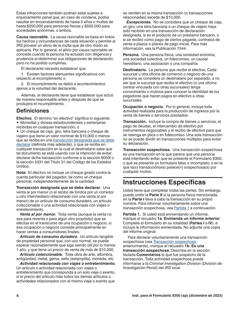 Instrucciones para IRS Formulario 8300 (SP) Informe De Pagos En Efectivo En Exceso De $10,000 Recibidos En Una Ocupacion O Negocio (Spanish), Page 4