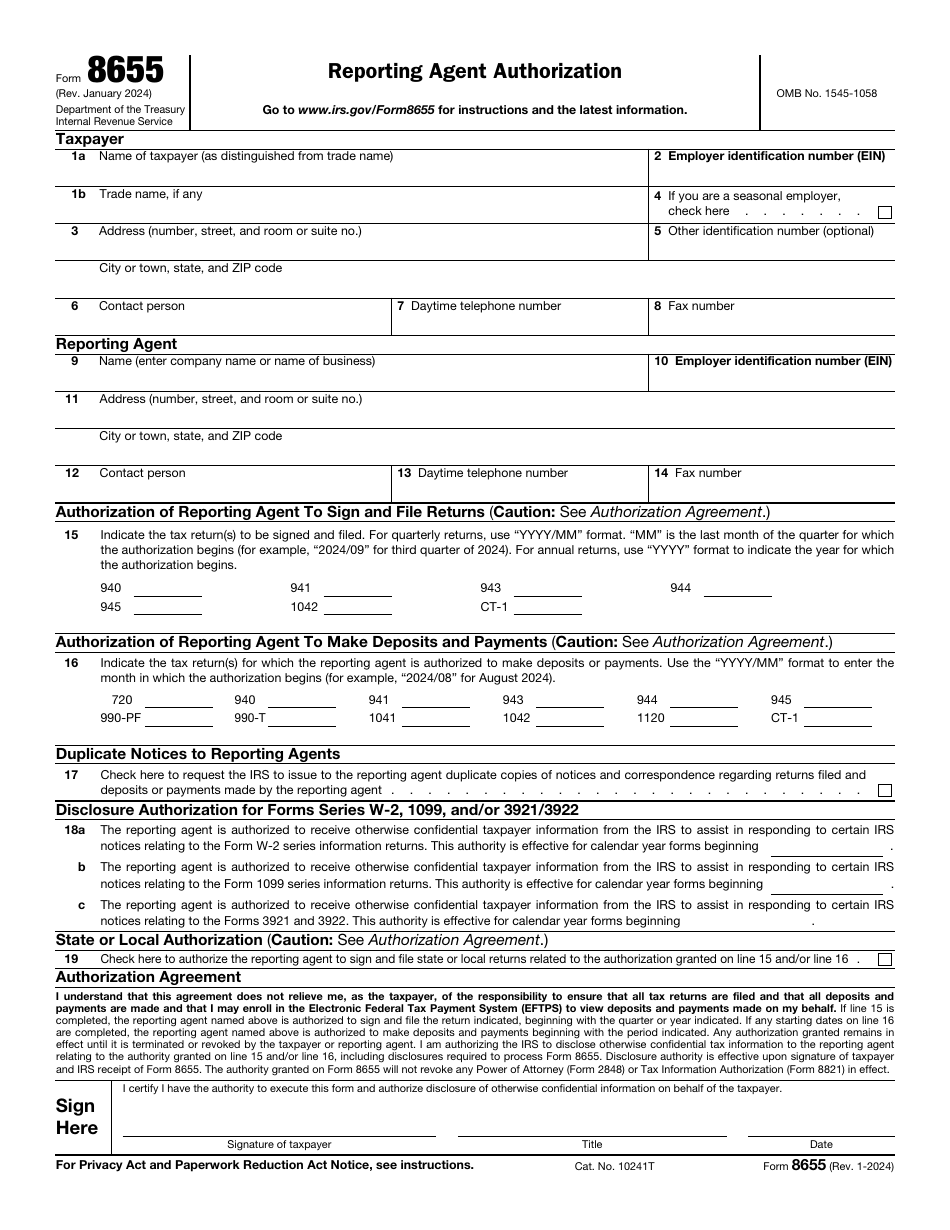 IRS Form 8655 Reporting Agent Authorization, Page 1