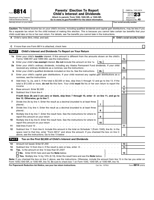 IRS Form 8814 Parents' Election to Report Child's Interest and Dividends, 2023