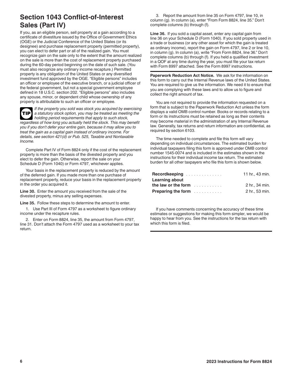 Instructions for IRS Form 8824 Like-Kind Exchanges (And Section 1043 Conflict-Of-Interest Sales), Page 6
