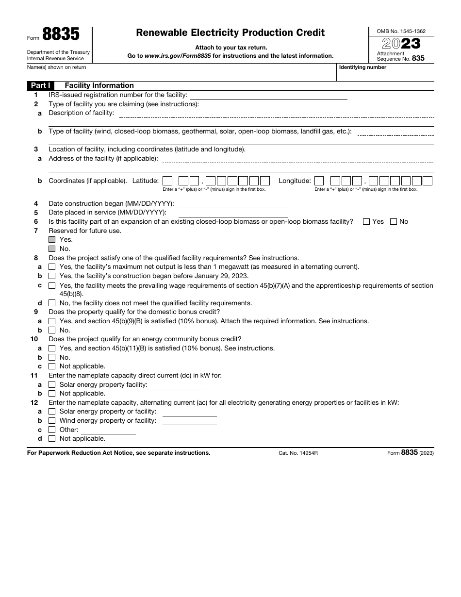 IRS Form 8835 Renewable Electricity Production Credit, Page 1