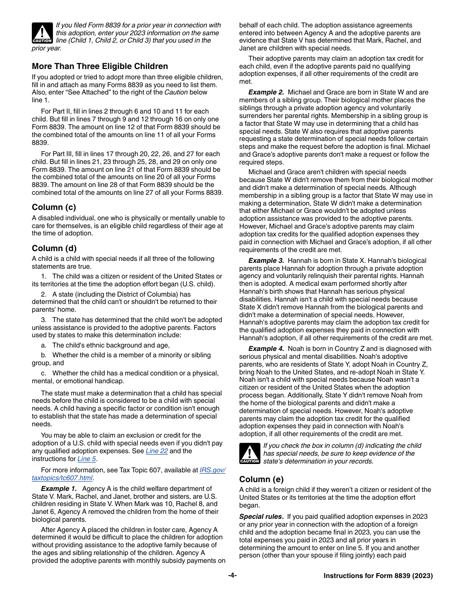 Instructions for IRS Form 8839 Qualified Adoption Expenses, Page 4