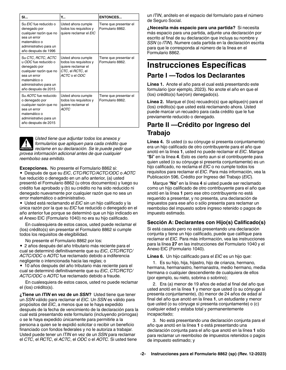 Instrucciones para IRS Formulario 8862 (SP) Informacion Para Reclamar Ciertos Creditos Despues De Haber Sido Denegados (Spanish), Page 2