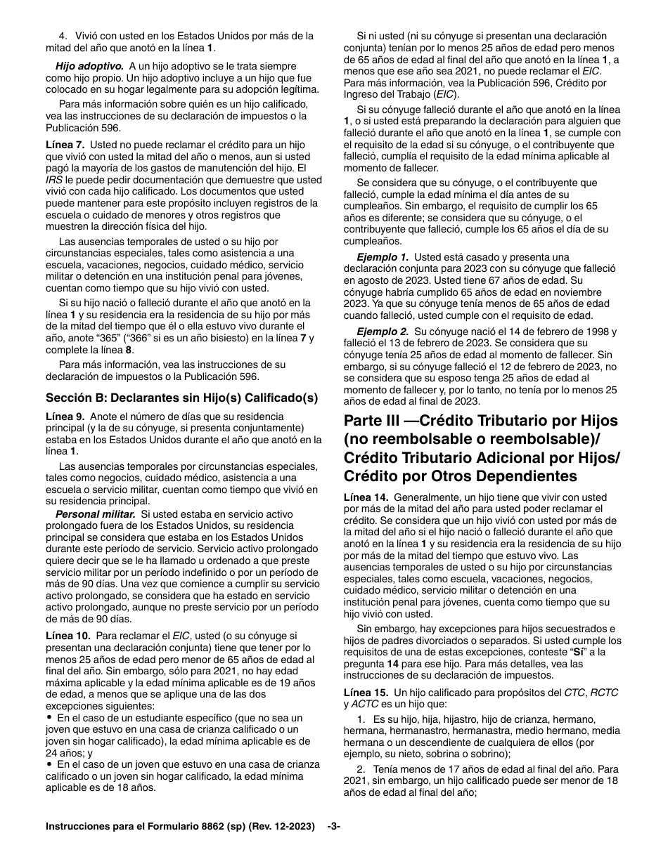 Instrucciones para IRS Formulario 8862 (SP) Informacion Para Reclamar Ciertos Creditos Despues De Haber Sido Denegados (Spanish), Page 3