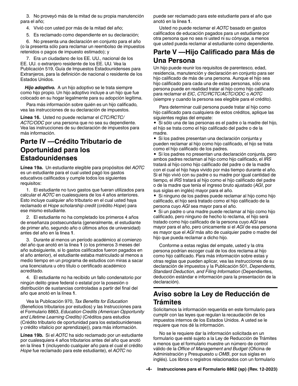 Instrucciones para IRS Formulario 8862 (SP) Informacion Para Reclamar Ciertos Creditos Despues De Haber Sido Denegados (Spanish), Page 4