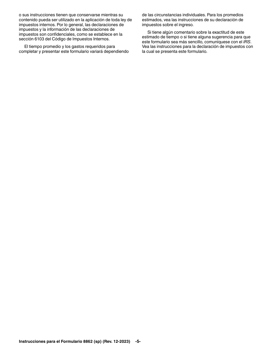 Instrucciones para IRS Formulario 8862 (SP) Informacion Para Reclamar Ciertos Creditos Despues De Haber Sido Denegados (Spanish), Page 5