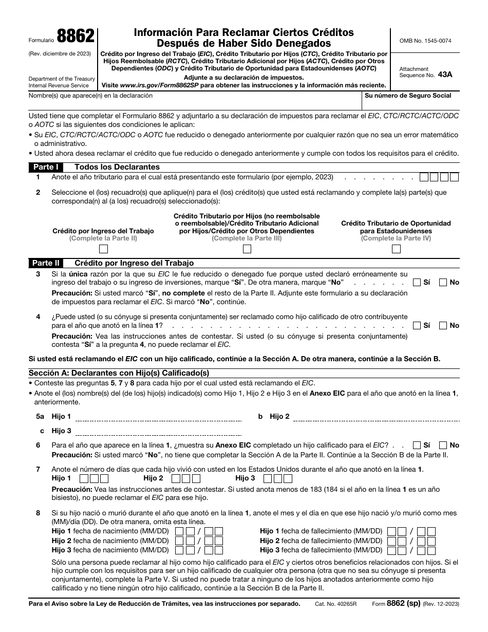 IRS Formulario 8862 (SP) - Fill Out, Sign Online and Download Fillable ...