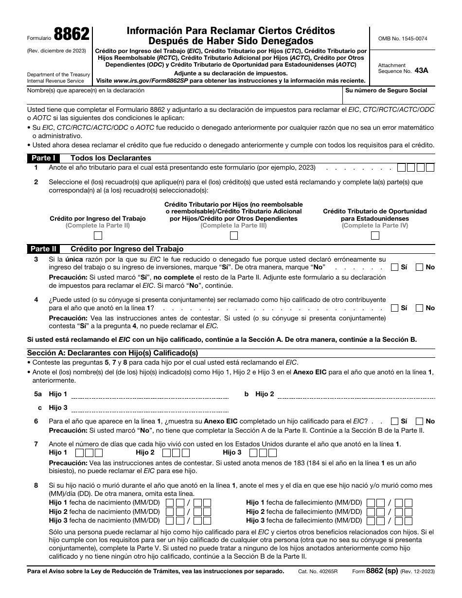 IRS Formulario 8862 (SP) Informacion Para Reclamar Ciertos Creditos Despues De Haber Sido Denegados (Spanish), Page 1