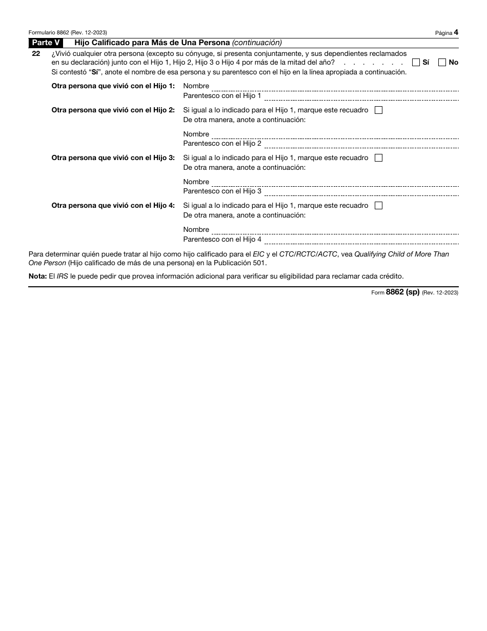 IRS Formulario 8862 (SP) Informacion Para Reclamar Ciertos Creditos Despues De Haber Sido Denegados (Spanish), Page 4