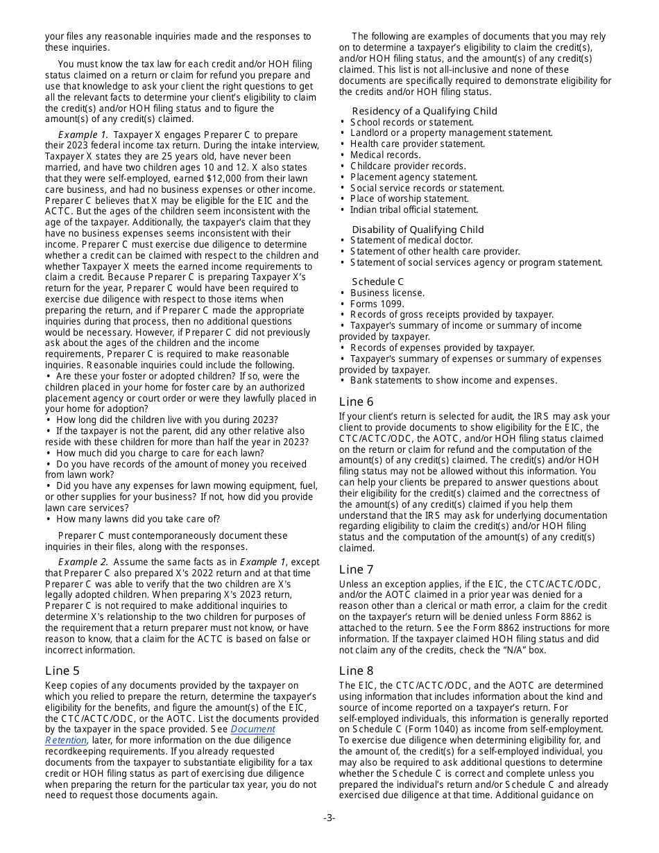 Instructions for IRS Form 8867 Paid Preparers Due Diligence Checklist, Page 3