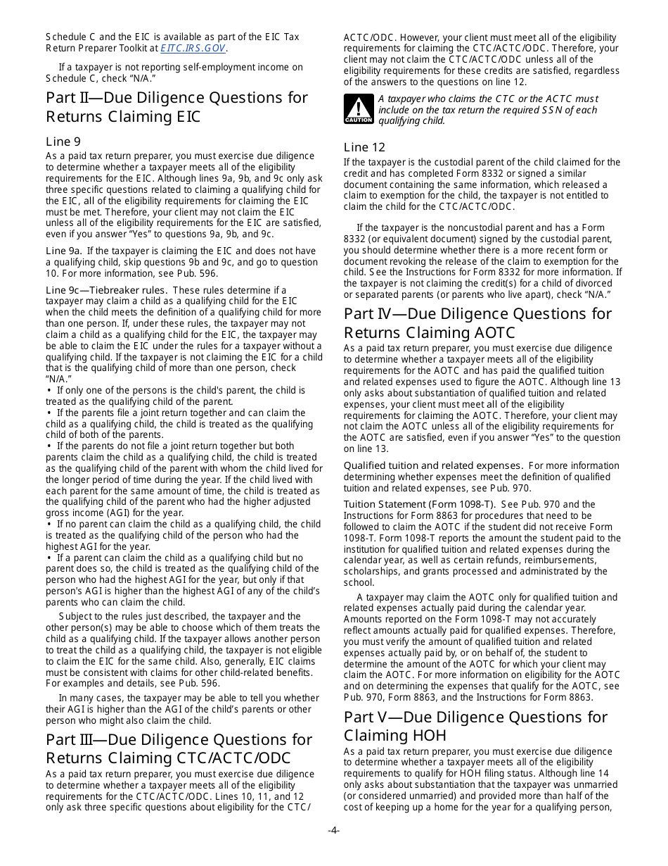 Instructions for IRS Form 8867 Paid Preparers Due Diligence Checklist, Page 4