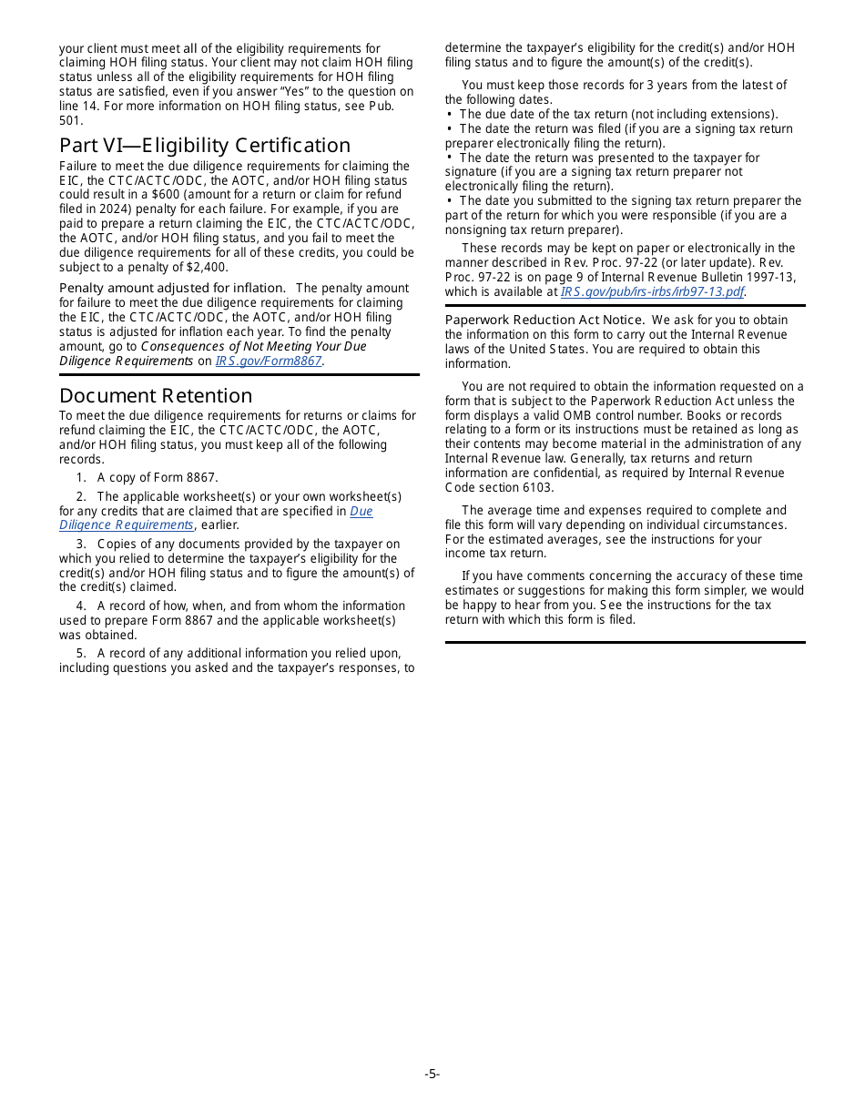 Instructions for IRS Form 8867 Paid Preparers Due Diligence Checklist, Page 5