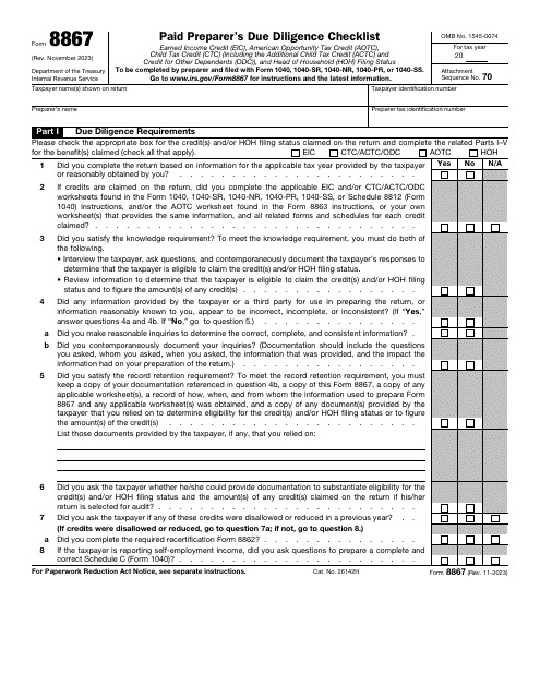 IRS Form 8867 Paid Preparer's Due Diligence Checklist