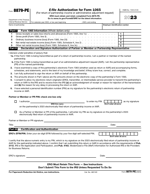 IRS Form 8879-PE E-File Authorization for Form 1065, 2023