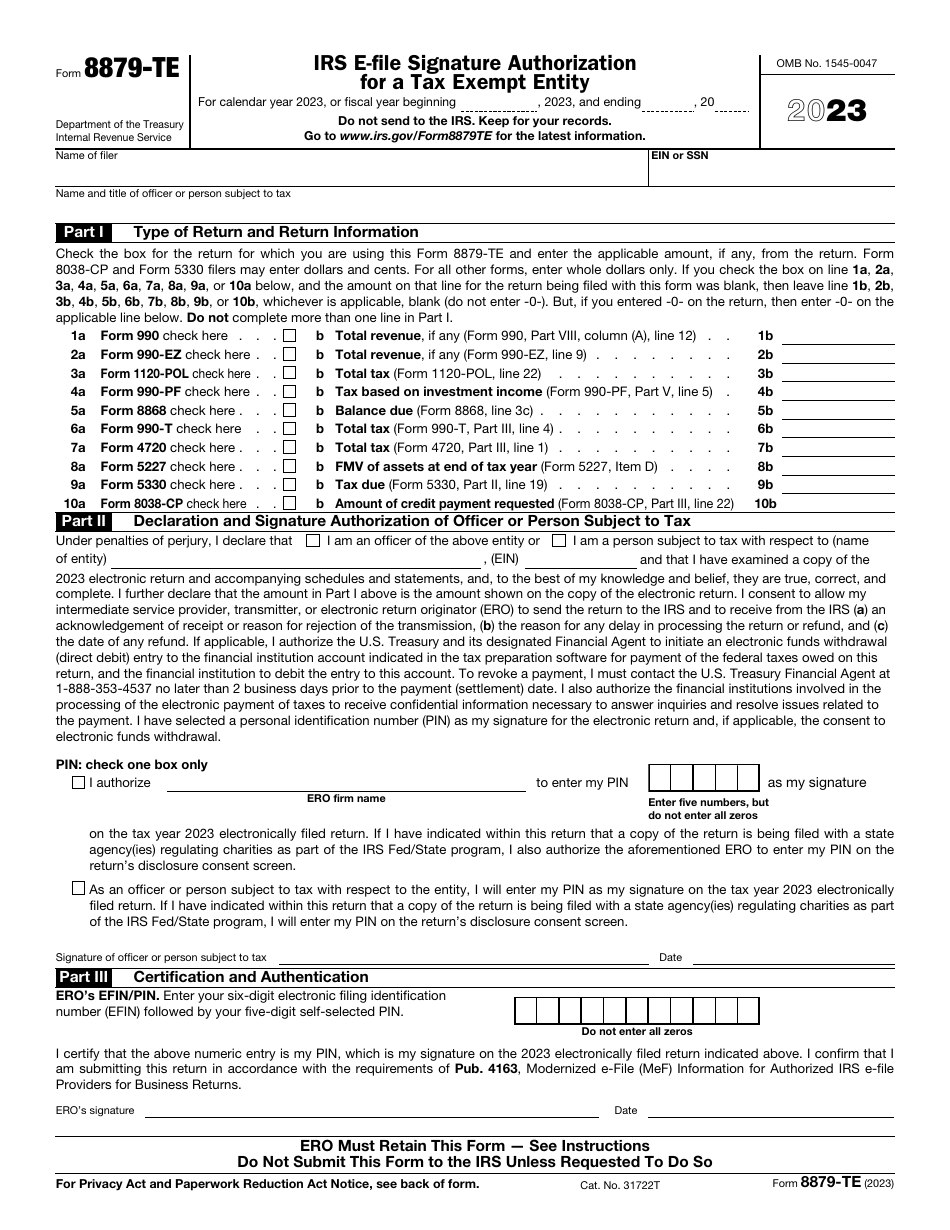 IRS Form 8879-TE IRS E-File Signature Authorization for a Tax Exempt Entity, Page 1
