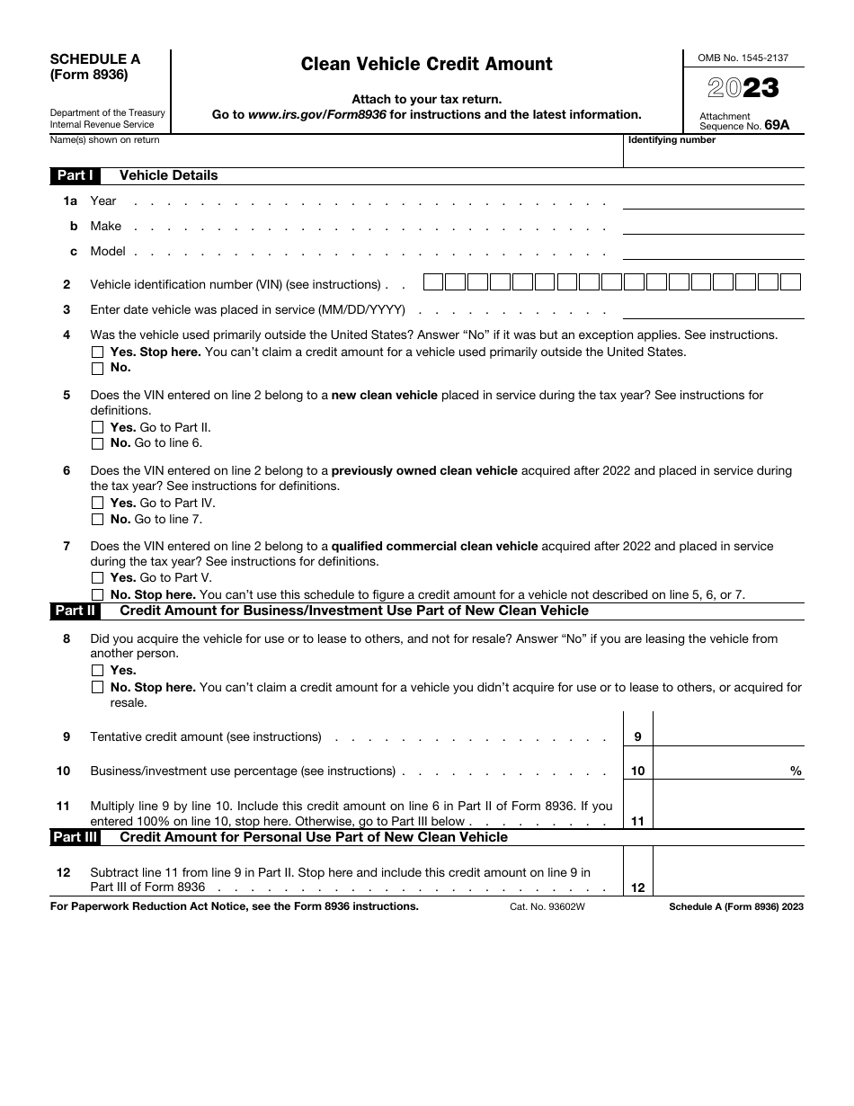 IRS Form 8936 Schedule A Clean Vehicle Credit Amount, Page 1