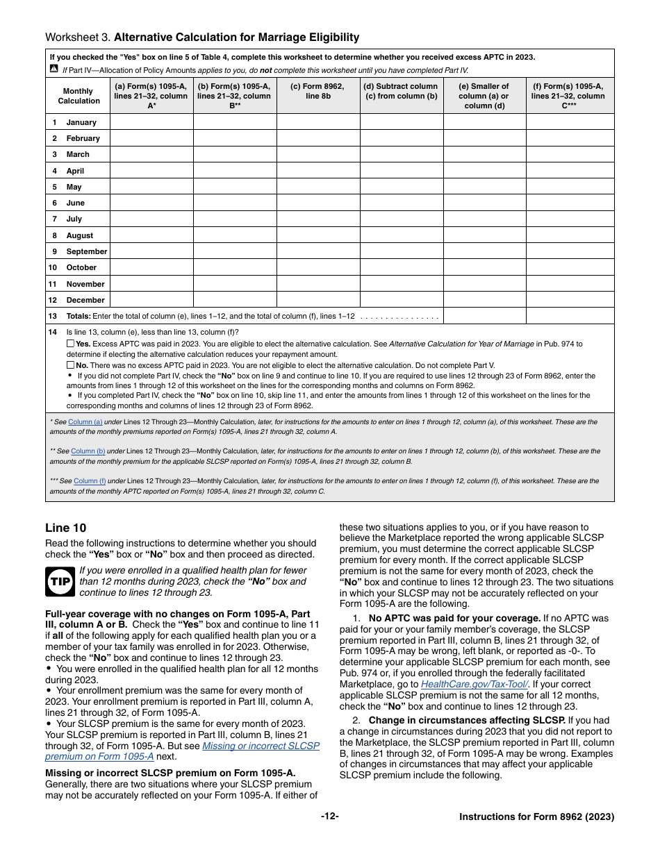 Instructions for IRS Form 8962 Premium Tax Credit (Ptc), Page 12