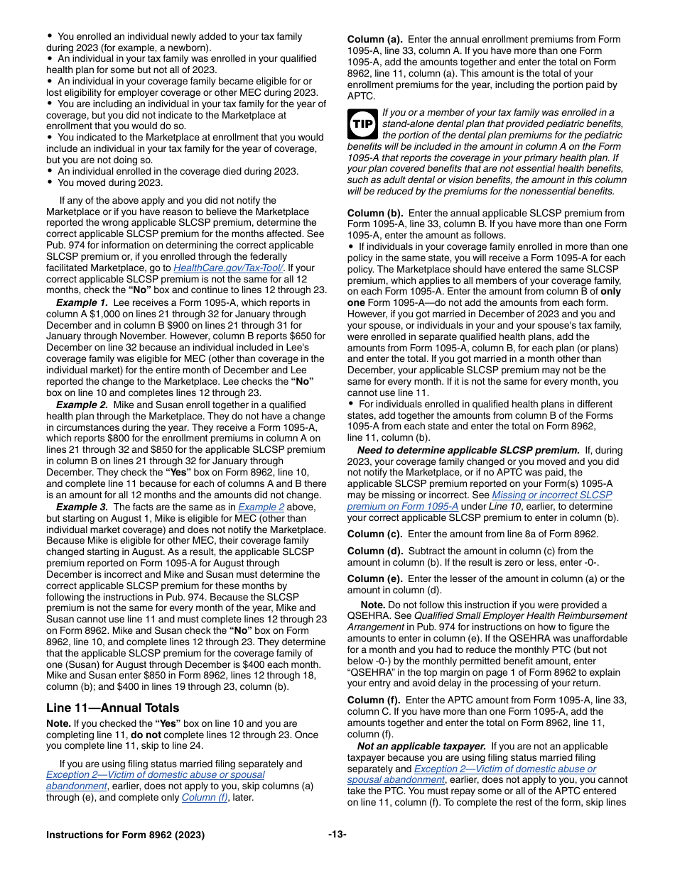 Instructions for IRS Form 8962 Premium Tax Credit (Ptc), Page 13