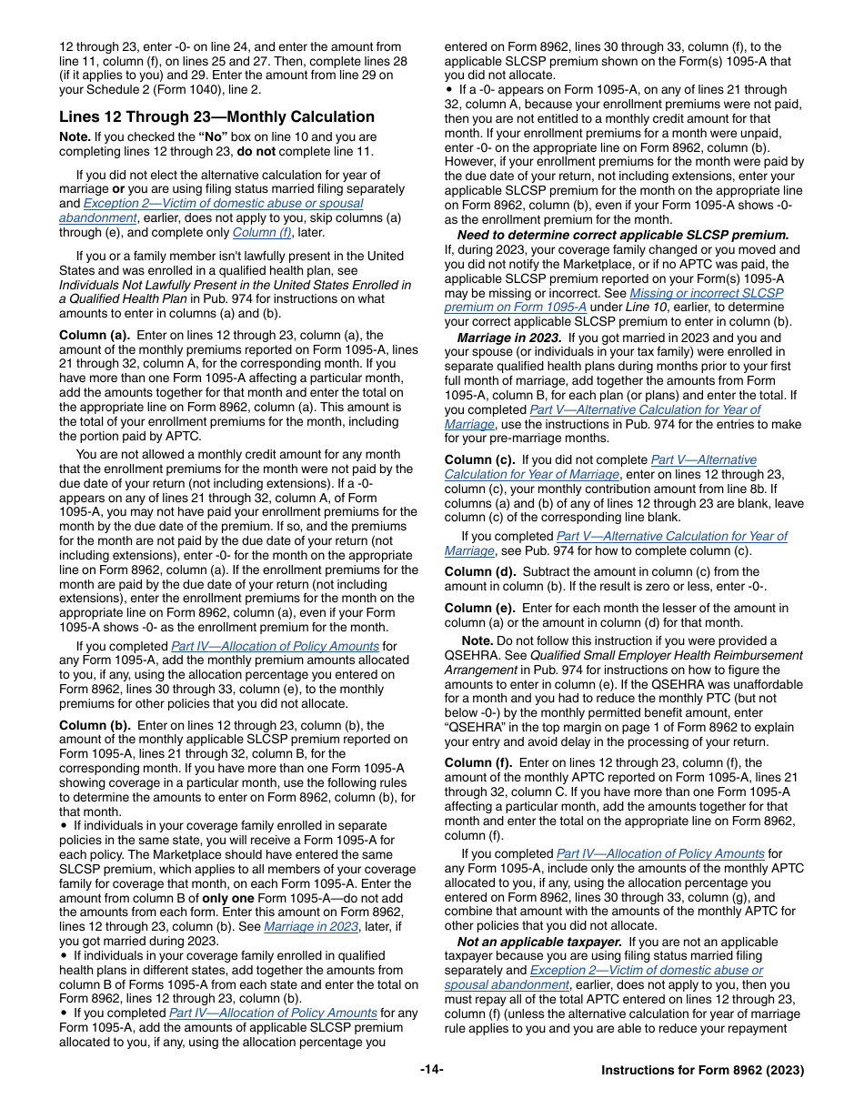 Instructions for IRS Form 8962 Premium Tax Credit (Ptc), Page 14