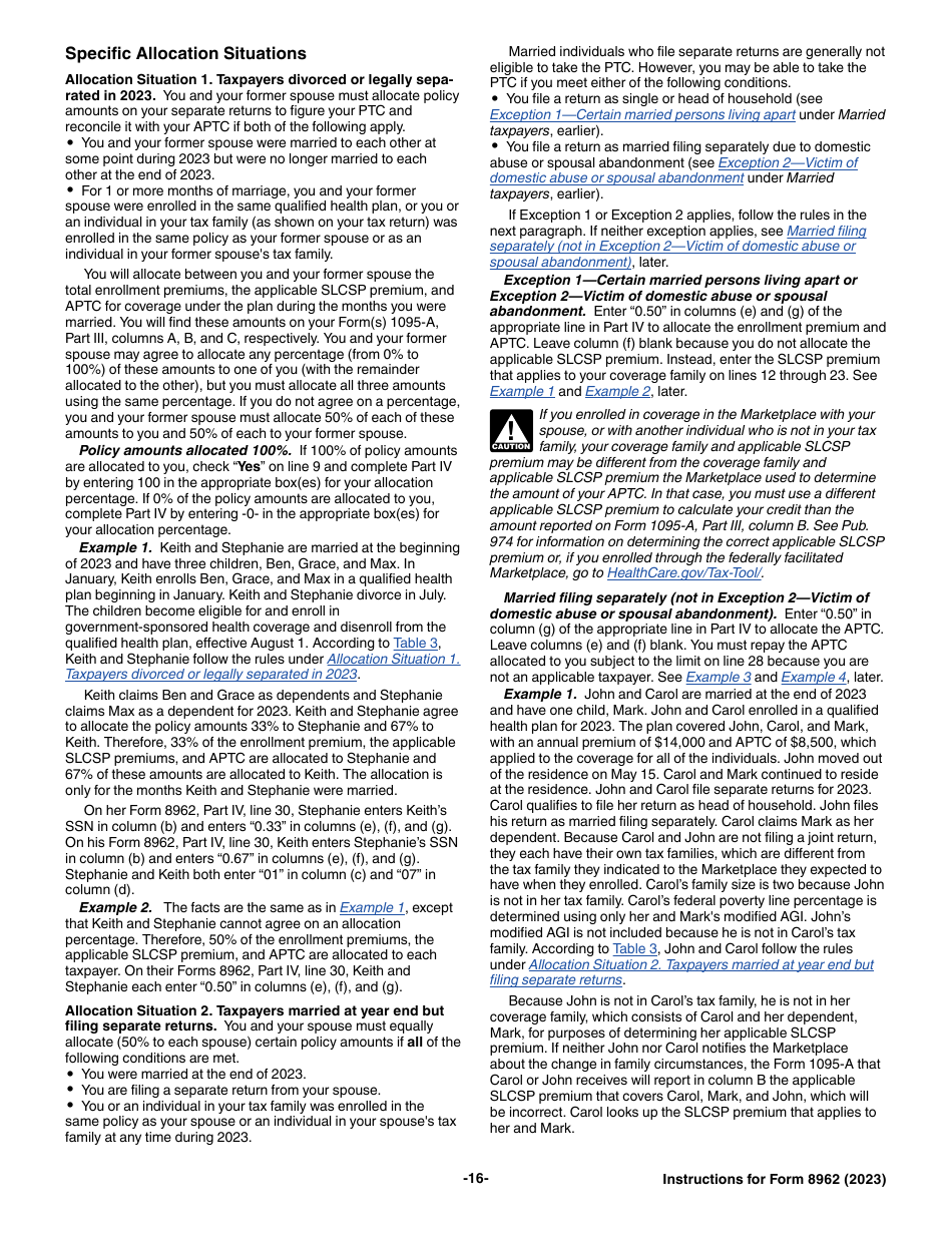 Instructions for IRS Form 8962 Premium Tax Credit (Ptc), Page 16