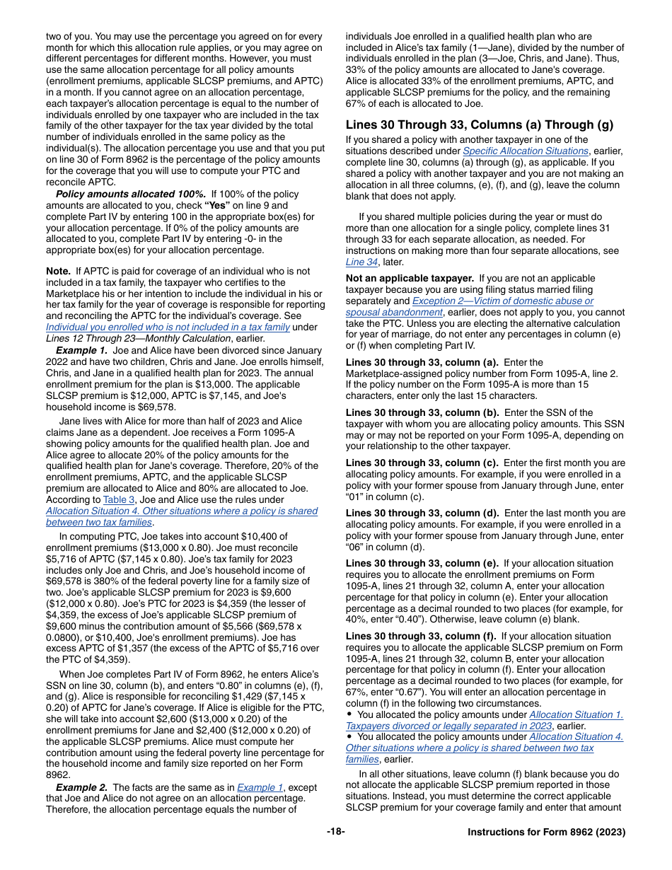 Instructions for IRS Form 8962 Premium Tax Credit (Ptc), Page 18