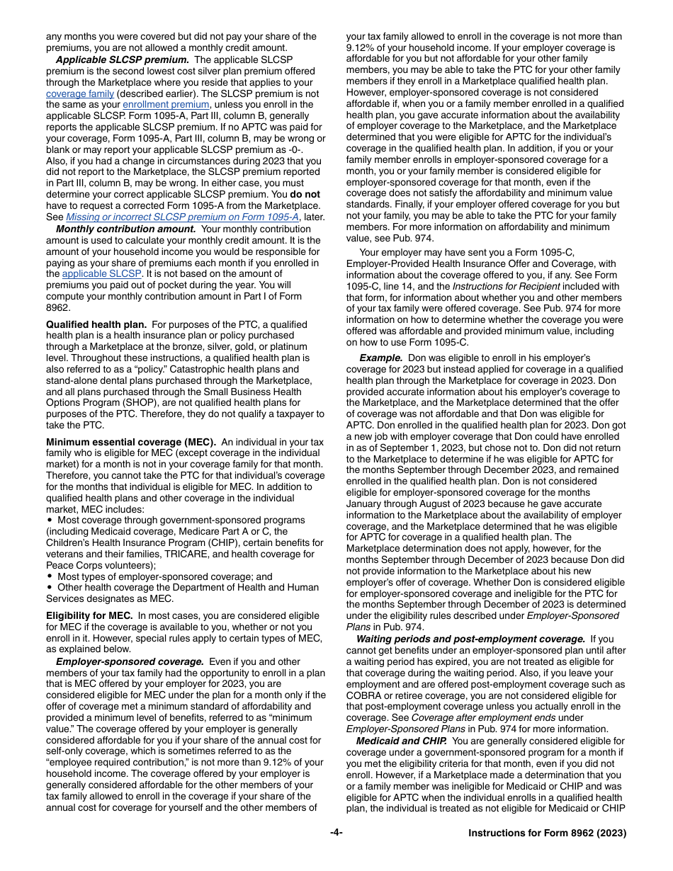 Instructions for IRS Form 8962 Premium Tax Credit (Ptc), Page 4